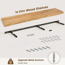 Live Edge Elm Floating Shelves for Wall Decor, Rustic Solid Wood Shevles Wall Mounted with Invisible Bracket for Living Room Bathroom Bedroom Kitchen, 48 Inch Set of 1, Natural