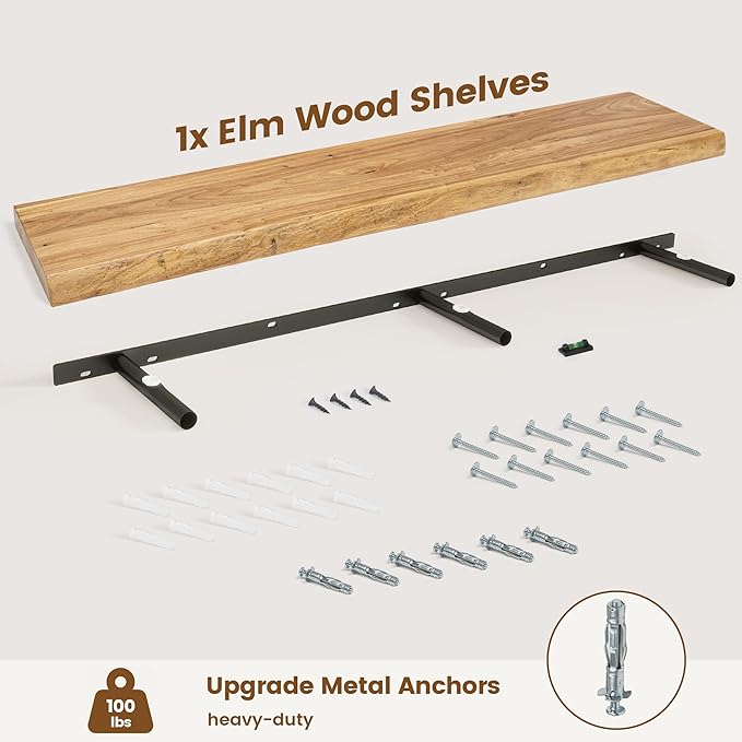 Live Edge Elm Floating Shelves for Wall Decor, Rustic Solid Wood Shevles Wall Mounted with Invisible Bracket for Living Room Bathroom Bedroom Kitchen, 48 Inch Set of 1, Natural