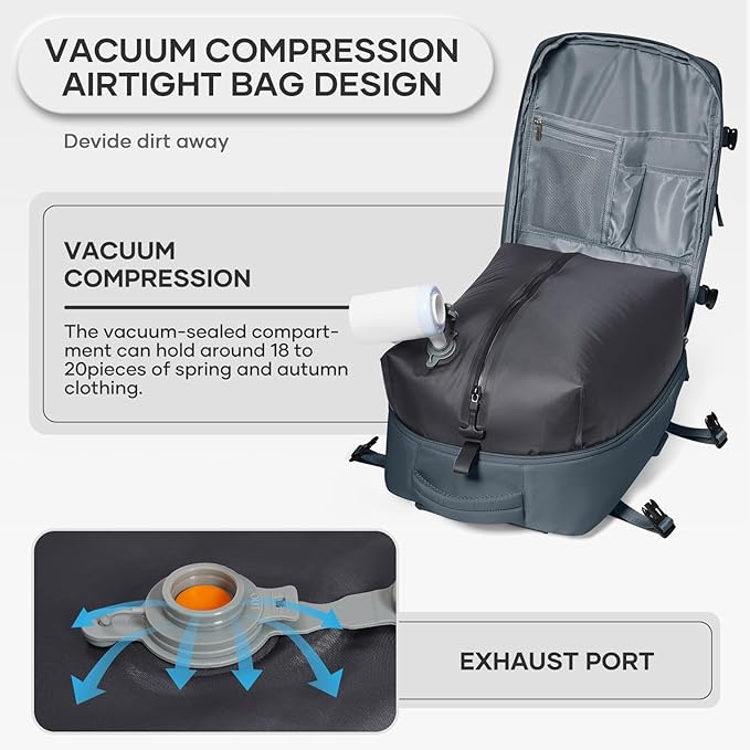 Vacuum Compression Backpack, Travel Vacuum Backpack with Electric Vacpack Pump, Flight Approved Carry On Personal Item Suitcase Luggage for Men Women, Dark Blue, Large