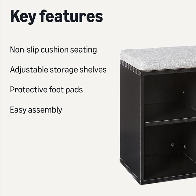 Amazon Basics Shoe Storage Bench with Cushion, Shoe Rack 6 Cubbies, Adjustable Shelves, Black
