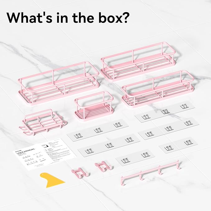 YASONIC Shower Caddy, 6 Pack Large Capacity Bath Organizer with Soap Holder and 12 Hooks, Rustproof Shower Shelves for Inside Shower, No Drilling&Sleek Bathroom Organizers and Storage Pink