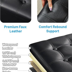 AmasSmile Storage Ottoman Folding Foot Rest Stool with Side Pocket, 16 inch Leather Footstool Bench, Short Ottoman Bench, Storage Foot Rest Store, Books, Black