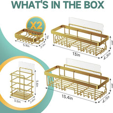 Veken Adhesive Shower Caddy 5-Pack,Heavy Weight Bearing,Large Wall Mounted Shower Shelves Rack,Organizer Storage Accessories with Soap Dish&Toothbrush Holder,Ideal for Bathroom,Home&Kitchen,Gold
