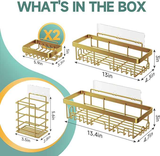 Veken Adhesive Shower Caddy 5-Pack,Heavy Weight Bearing,Large Wall Mounted Shower Shelves Rack,Organizer Storage Accessories with Soap Dish&Toothbrush Holder,Ideal for Bathroom,Home&Kitchen,Gold