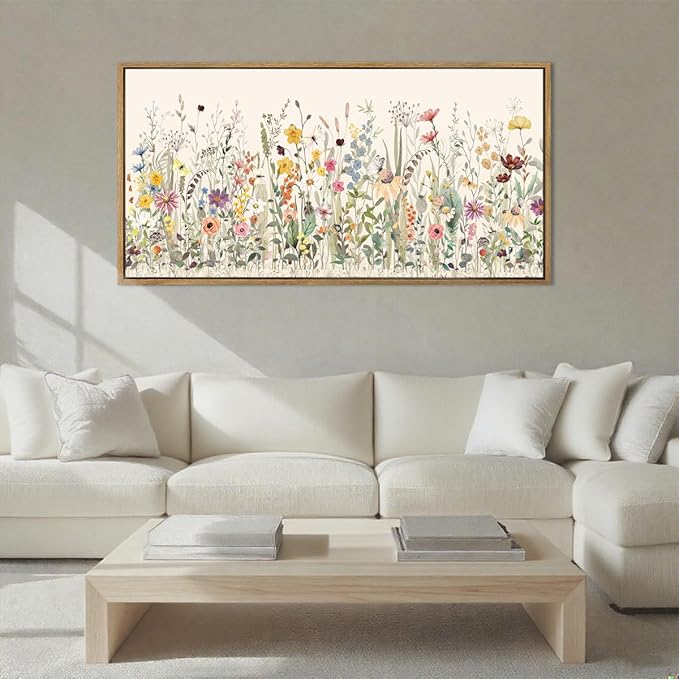 Large Floral Wall Art Decor Framed Colorful Wildflower Painting Pictures for Living Room Bedroom 40x20 Inches