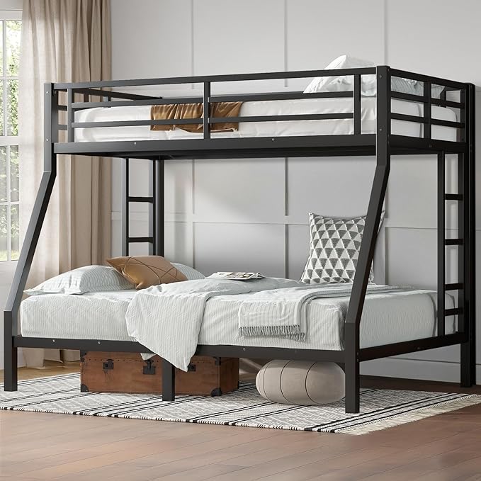 Twin Over Full Bunk Bed, Metal Bunk Bed Frame Heavy Duty Bunk Beds Loft Bed Frame with Ladder and Guardrail Metal Slats No Box Spring Required for Adults Teens, Black