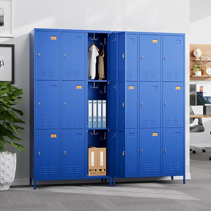 Aobabo New 9 Doors Metal Storage Locker for Employees, Lockable Steel Locker with Name Card Slot and 27 Hooks for School Office Gym Garage, Blue, Assembly Required