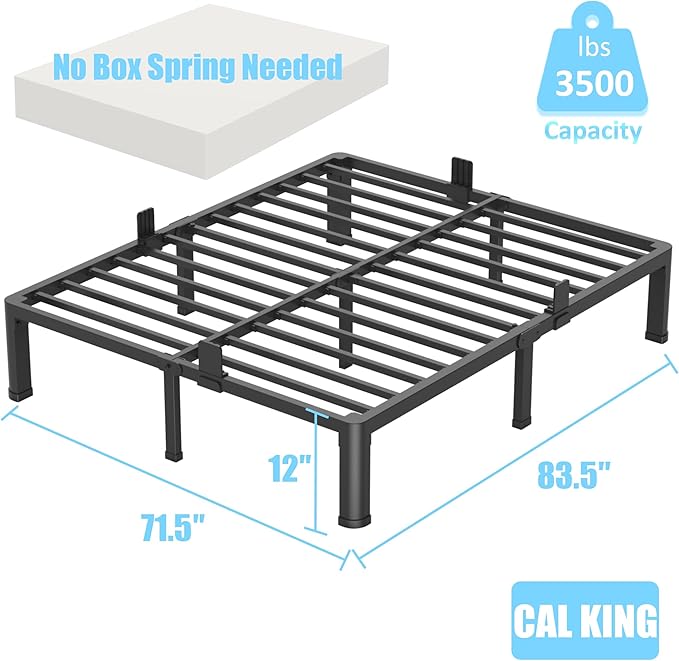 FUIOBYVV 12 Inch California King Bed Frame with Round Corner Edge Legs 3500 lbs Metal Heavy Duty Steel Slats Support No Box Spring Needed Platform Noise Free Easy Assembly