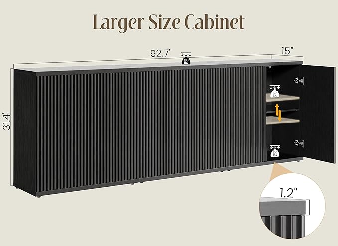 Fluted Buffet Cabinet Sideboard with Storage,Wooden Credenza with 2 Doors&Adjustable Shelve, Modern Accent Cabinets Coffee Bar Bookcase for Living Room,Kitchen Dining Room Entryway 15"D Black