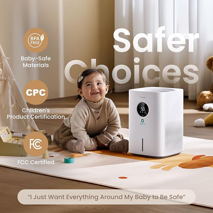 Pro Baby Evaporative Humidifier for Bedroom, MistFree & No White Dust, BPA-Free and 16dB Quiet Sleep for kids, 3 Age-Modes, Auto Control, Tap Water Safe, 4L Easy Clean Tank for Nursery