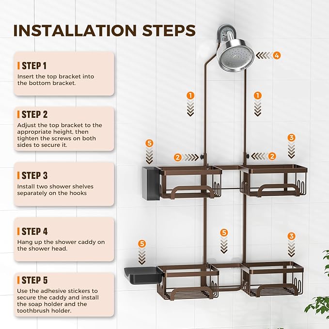 REINHARDT Shower Caddy Hanging for Handheld Showerheads Adjustable Split Shower Caddy, Rustproof Shower Organizer with Hooks for Razor Over the Head Caddy with Soap Holder Bathroom Accessories, Bronze