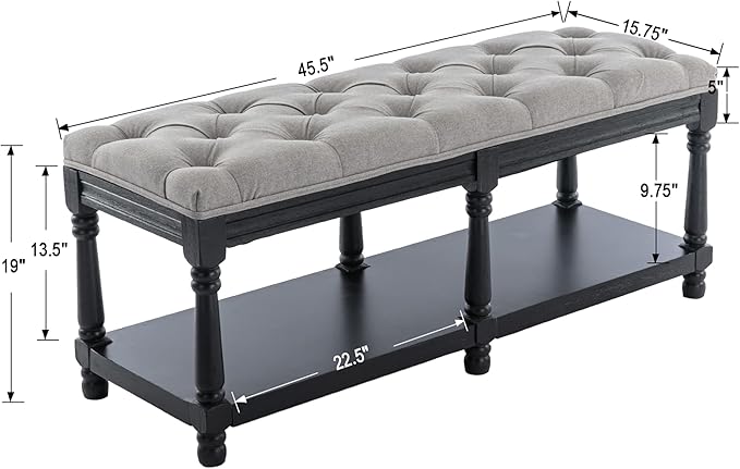 chairus Storage Bench 45.5 "W Extra-Long Button Tufted Entryway Bench with Wood Shoes Rack End of Bed Bench with Fabric Linen Upholstered Rectangular Seat for Bedroom Hallway Living Room Window, Grey