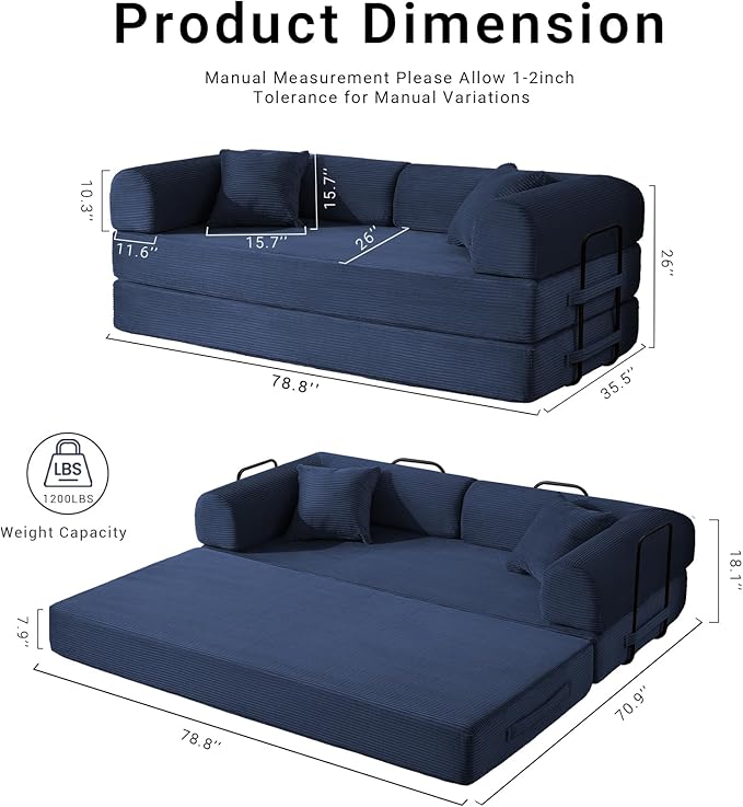 Compressed Sofa, Convertible Sofa Bed, Corduroy Compression Boneless Couch with Pillow, Comfy Modular Foldable Floor Sleeper Sofa for Bedroom, Living Room, Lounge, Studio (Dark Blue)