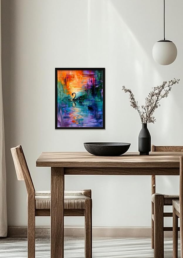 Monet Style Colorful Wall Art Prints Black Swan In The Misty Lake Poster Canvas Art Wall Decor Picture For Bedroom Dorm Office living room Bathroom Wall Decor Aesthetic Home Artwork 16" × 20" With Framed