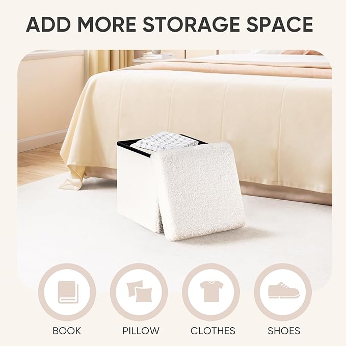 PINPLUS Storage Ottoman Cube Square Shaped Ottomans with Storage Foot Stool Footrest for Lving Room Boucle Ottoman Seat for Dorm Room,Faux Teddy Fur, White,11.8"x11.8"x11.8"