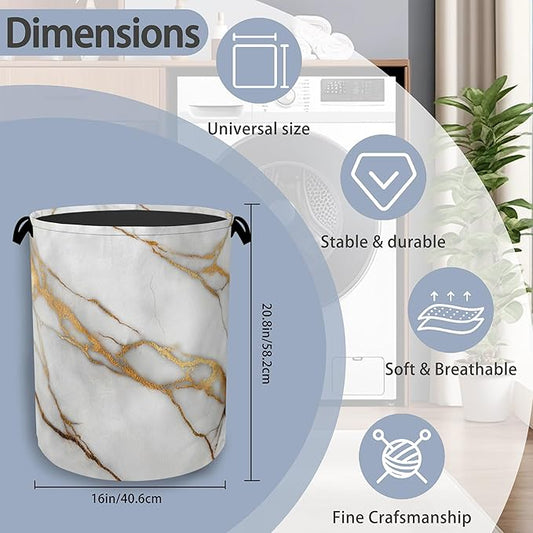 White Gold Marble Laundry Basket,Oxford Cloth Laundry Hamper with Handle Foldable Portable Clothes Storage Basket for Bathroom Bedroom Dorm Room 16" x 20.8"
