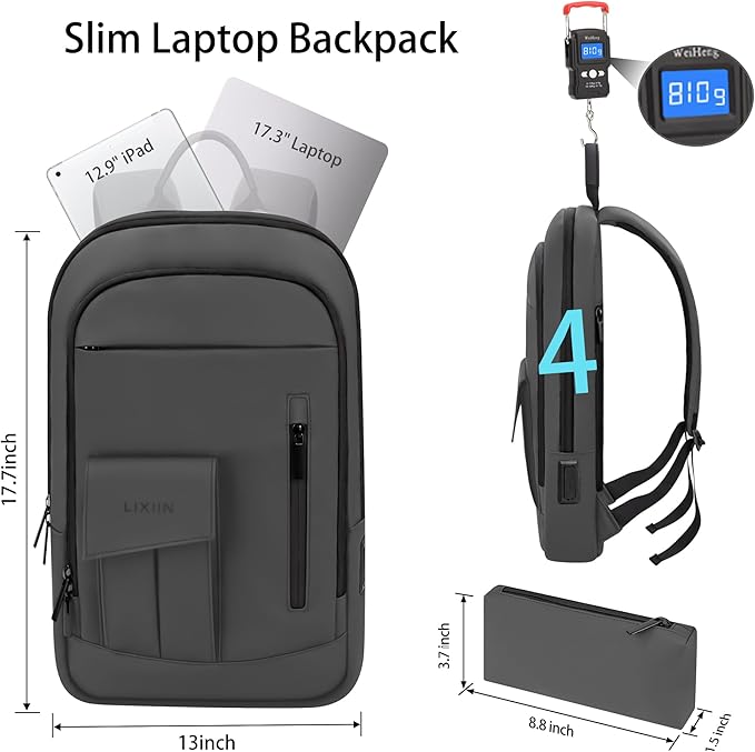 Business Backpack for Men Slim Lightweight Laptop Backpack for 17.3 Inch Computer Water Resistant Small Office Backpack for Commute Travel Daily Office Work with Small Bag (Grey)