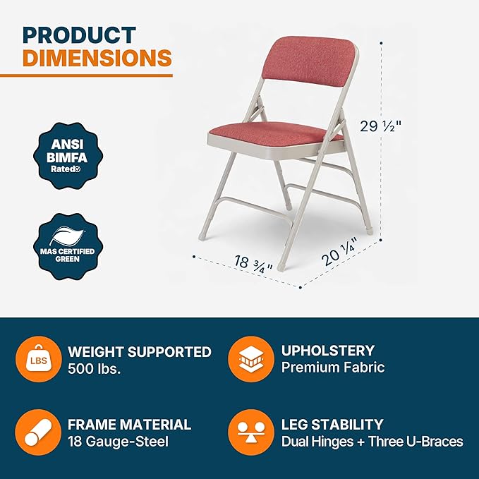 OEF Furnishings OEF2300 Series Heavy-Duty Premium Fabric Padded Upholstery Double-Hinged Triple-Braced Folding Chairs (4-Pack, Crimson Red/Gray)
