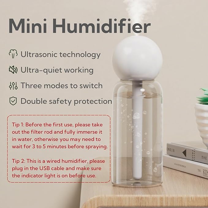 Portable Small Humidifier Dual Nozzle - Large Cool Mist Humidifiers Double Spray Ports, Water Shortage Protection, Ultra-Quiet, Mini Humidifier for Bedroom Plants Office Car Travel (P06)