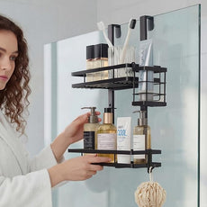 Over the Door Shower Caddy Hanging, Rustproof Shower Shelves with Waterproof Phone Pouch, 2-Tier Adjustable Bathroom Organizers and Storage, No Drilling Shower Shelf, Black Shampoo Soap Holder