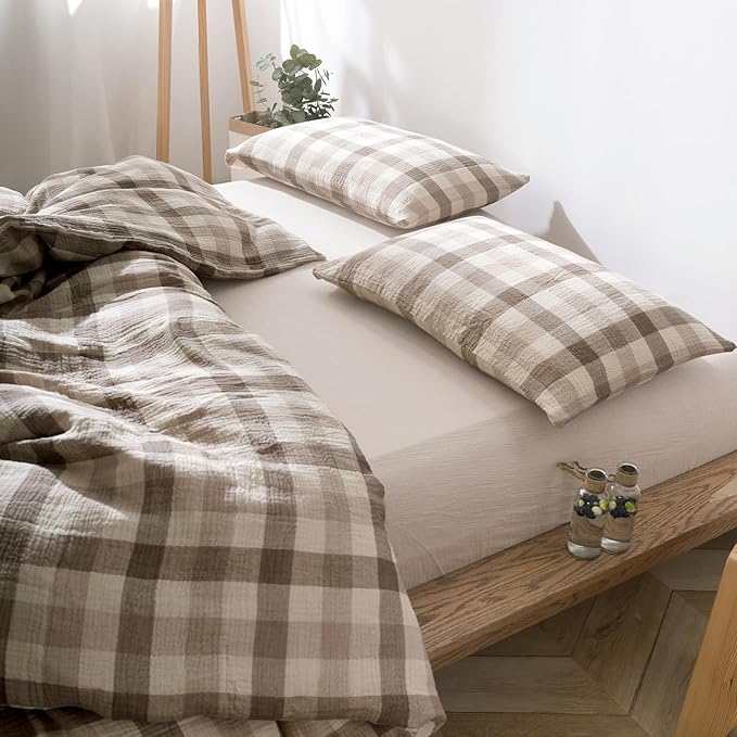 VM VOUGEMARKET King Duvet Cover Set Beige Grey Plaid Bedding Set Soft Breathable 3 Layers Muslin Cotton Linen Like Gauze Comforter Cover with Zipper Closure-3 Pieces,104"x90"