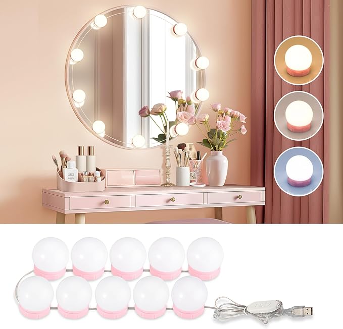 Consciot LED Vanity Lights for Mirror, Hollywood Style Vanity Light with 10 Dimmable Bulbs, Adjustable Color & Brightness, USB Cable, Mirrors Lights Stick on for Makeup Table Dressing Room Mirror