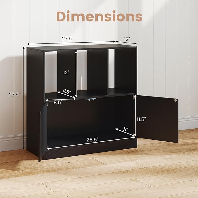 GOFLAME 3 Cube Bookcase with Doors, 3-Tier Cubby Book Shelf with 3 Open Compartments, Cabinet, Wooden Small Display Shelf, Freestanding Cubic Storage Organizer for Living Room, Study (2,Black)