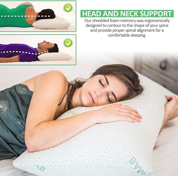 Elif Queen Size Pillows for Sleeping, Set of 2 – Cooling Shredded Memory Foam Pillow with Removable Cover for Back, Stomach & Side Sleepers, Rayon Derived from Bamboo, Queen (2 Pack)