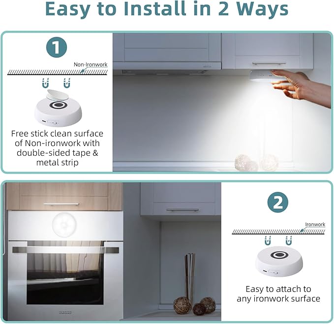 Motion Sensor Puck Step Lights with Charging Station, 3 Colors USB Rechargeable LED Closet Light, Dimmable Under Cabinet Lighting, Stick-on Lights (4 Pack)