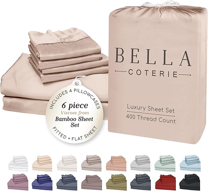 Bella Coterie 6 Piece Luxury Bamboo Viscose California King Size Sheet Set | 100% Organically Grown | Cooling for Hot Sleepers | 18" Deep Pocket | Soft & Hypoallergenic | 4 Pillowcases [Dusty Rose] BC