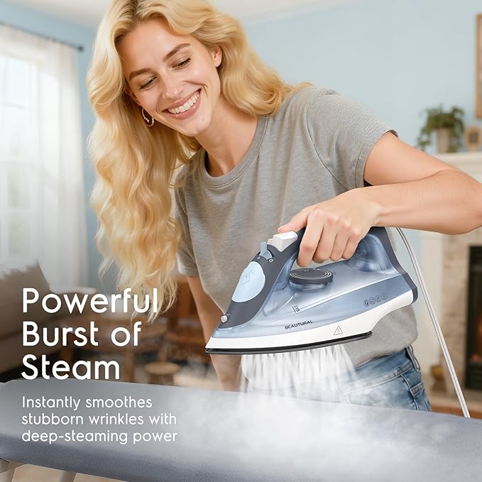 BEAUTURAL Steam Iron for Clothes, Non-Stick Soleplate, Burst of Steam, Spray Mist, Self-Cleaning, Anti-Calcium, Anti-Drip, Easy Temperature Control, Light Weight, 1200 Watts