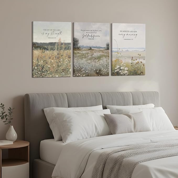 3Pcs Framed Bible Verse Wall Art Christian Floral Landscape Scripture Prints Decor Inspirational Religious Canvas Artwork Farmhouse Botanical Faith Quotes for Living Room Bedroom Church 12"x16"