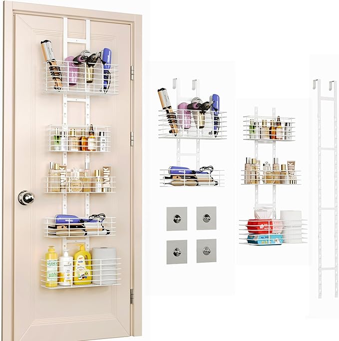 5-Tier Over The Door Organizer Bathroom Shelves Hair Tool Organizer - Hair Dryer Holder Adjustable Height, DIY Bathroom Storage Shelf Wall Mounted Behind The Door Storage