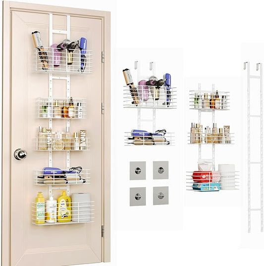 5-Tier Over The Door Organizer Bathroom Shelves Hair Tool Organizer - Hair Dryer Holder Adjustable Height, DIY Bathroom Storage Shelf Wall Mounted Behind The Door Storage