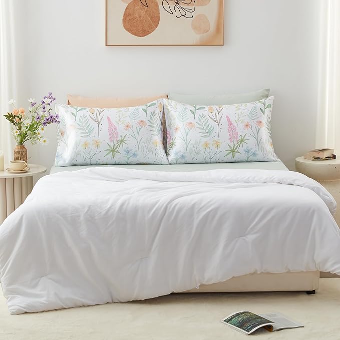 EXQ Home Satin Pillowcase for Hair and Skin- Multicolor Printed Flower Silk Pillowcase 2 Pack 20x26 inches - Standard Size Pillow Cases with Envelope Closure, Gifts for Women