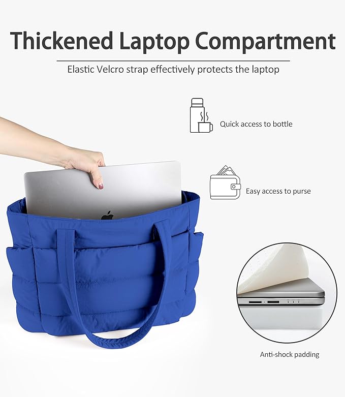 Puffer Tote Bag for Women, Cute Quilted Carryall with Zippered Compartments Shoulder Bag Handbag for Work, Travel, Gym