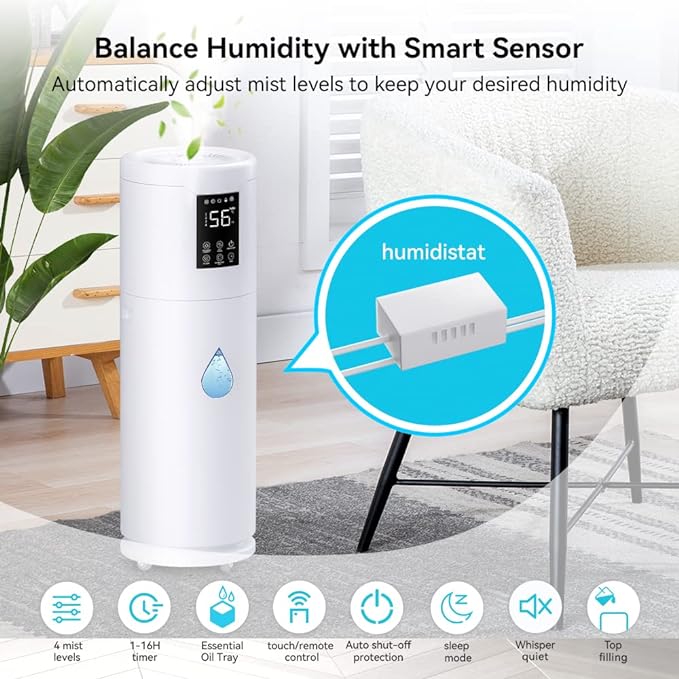 Humidifiers for Large Room Home Bedroom 2000 sq.ft. 17L/4.5Gal Large Humidifier with Extension Tube & 4 Speed Mist,Top Fill Wholehouse Humidifier with 360°Nozzle for Plant Office Commercial Greenhouse