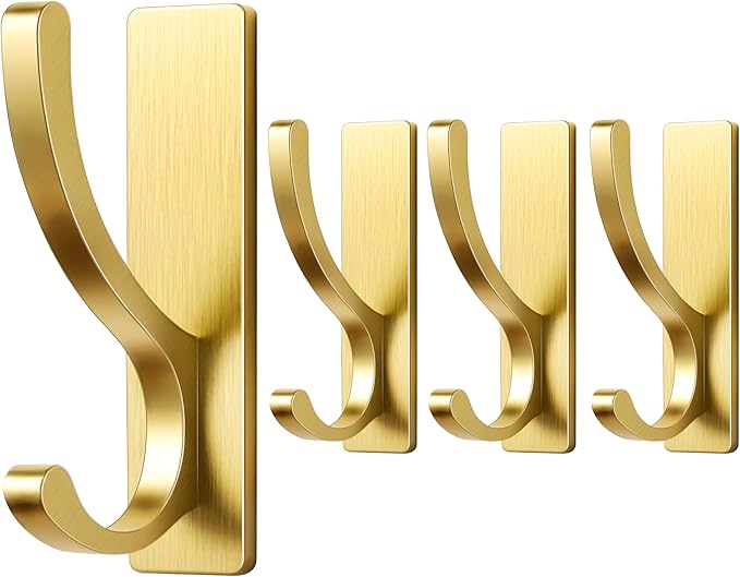 pickpiff Adhesive Wall Hooks for Towels - Sticky Hook Hanging Heavy Duty (13lb), Hanger for Door, Bathroom, Dorm, Closet - for Coats, Purse, Bag, Robe - No Damage to Wall - Brushed Gold 4 Pack