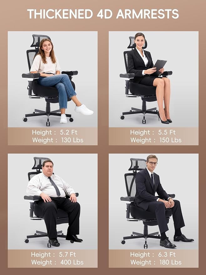 Big and Tall Office Chair 500lbs, Ergonomic Desk Chair with W Wide Thick Cushion, Executive Mesh Office Chair with Adjustable Headrest, Lumbar, Footrest, 4D Armrest Computer Task Chairs for Nap, Black