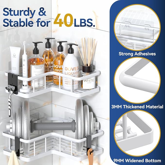 YASONIC Shower Caddy Corner, 3-Pack Adhesive Rustproof Stainless Steel Shower Shelves with Soap Holder, No Drilling Shower Organizer Corner for Dorm, Renters Bathroom, White