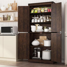 71in Farmhouse Kitchen Pantry Cabinet,Tall Storage Cabinet with 4 Doors and Adjustable shelves,with Load-Bearing Steel Pipe,Wood Storage Cabinets for Kitchen,Dining Room,Bathroom(Brown)