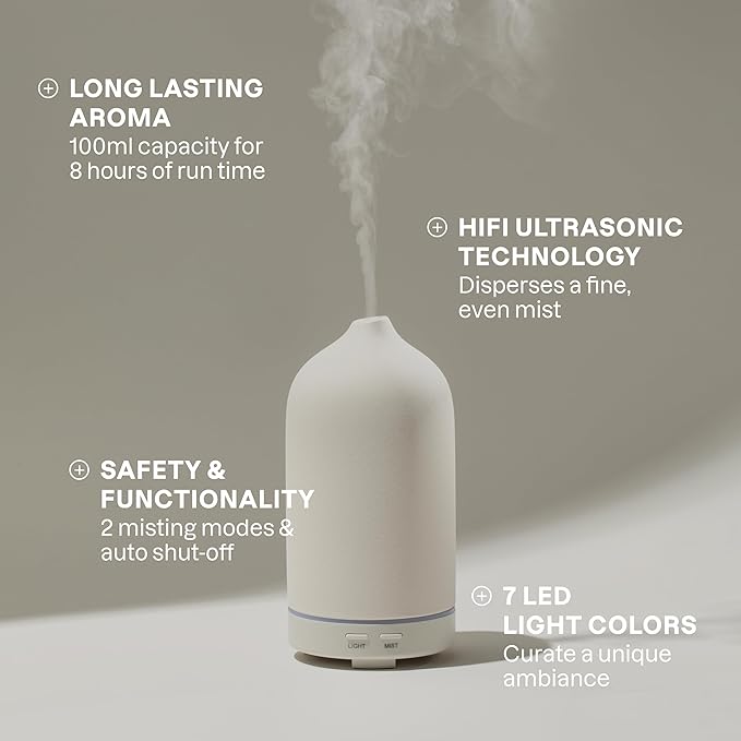 Cliganic Serenity Essential Oils Diffuser Set – Aromatherapy Humidifier with LED for Home, Office & Bedroom Includes Frankincense, Lavender, Grounded & Sleep Essential Oils Kit