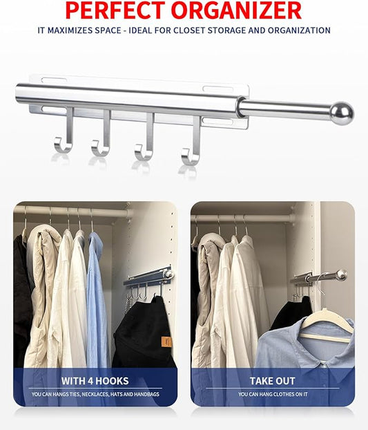 12 inch Valet Rod for Closets Pull Out Closet Valet Rod Slide Out With 4 Hooks Silver Pull Out Clothes Hanger