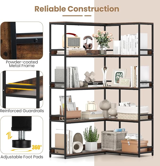 Giantex 5-Tier Corner Bookshelf, 71" L-Shaped Bookcase, Tall Etagere Bookshelf with Metal Frame, Industrial Open Display Shelf, Vertical Storage Rack for Living Room, Study, Office (Rustic Brown)