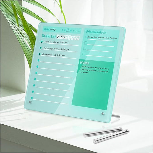 Desktop Thickened Acrylic Dry Erase Board to do List Planner Board，12"x10"，Tabletop Whiteboard with Stand，Frameless Green Dry Erase White Board，for Office/Home/School