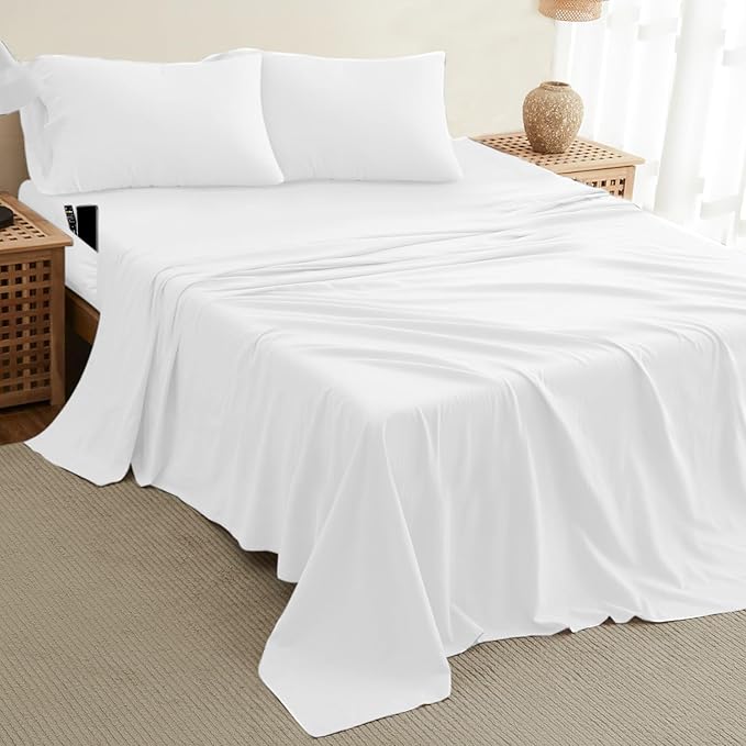 DREAMCARE California King Sheet Sets – 4 pcs Cooling Sheets – up to 21” Deep Cal King Sheets – Hotel Luxury Sheets & Pillowcases – Superior Softness 100% Fine Microfiber with Side Pocket – White DREAMCARE