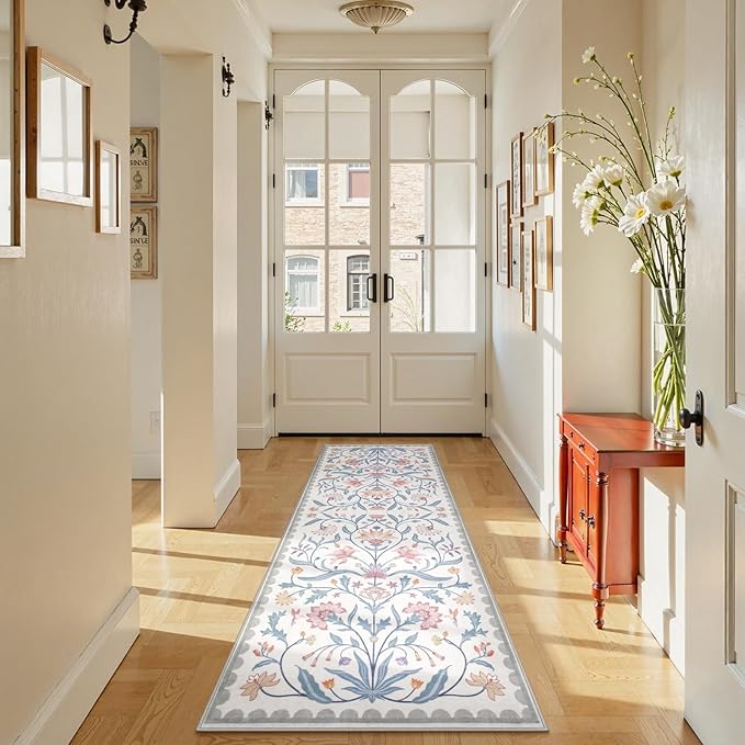 Lahome Boho Floral 2x6 Bathroom Runner Rugs Non Slip Washable, Grey/Beige Soft Runners for Hallways, Indoor Carpet Runner with Rubber Backing for Bedside Entryway Kitchen(Grey/Beige,2x6)
