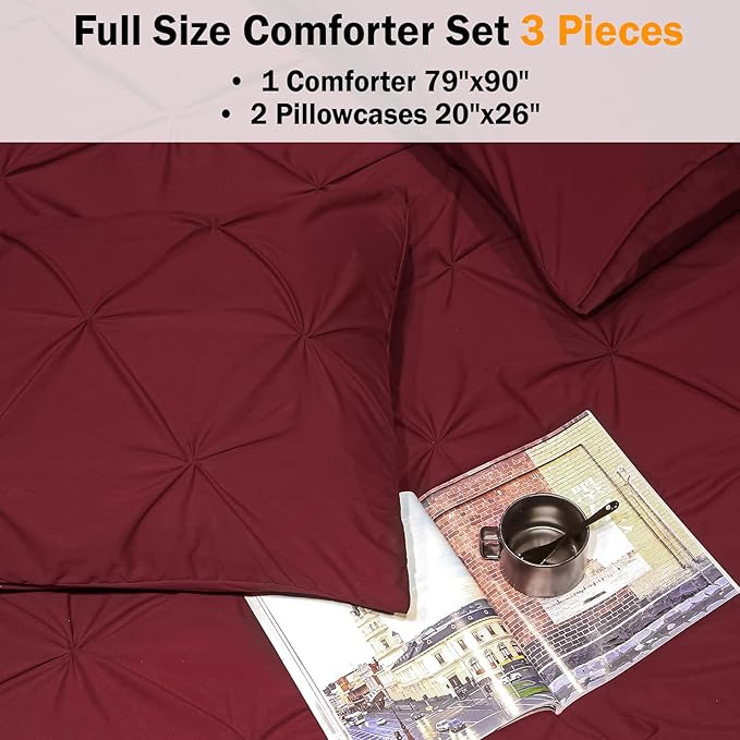 Andency Full Comforter Set Burgundy, 3 Pieces Pinch Pleat Bedding Comforters & Sets, Pintuck Lightweight Fluffy All Season Bed Set for Women Men Girls(79x90Inch)