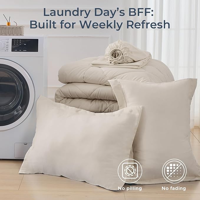 HEVUMYI Beige Tan Twin-XL Comforter Set - 5-Piece All Season Bed in a Bag Twin-XL, Ultra Soft Bedding Set with Comforter, Flat Sheet, Fitted Sheet, Pillowcases, Pillow Shams, Beige Tan