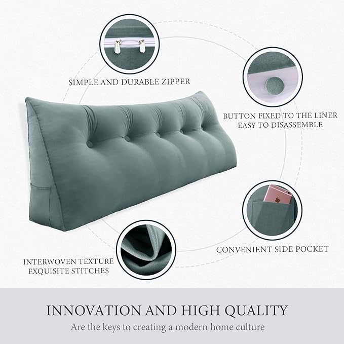 11 lbs Thickened Queen Wedge Pillow Headboard Body Positioner Bed Wedge Pillow Backrest Support Triangular Headboard Cushion with Side Pocket Velvet Positioning Support Gray